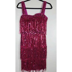 Tassel Fringe Mini Party Dress Sequin Evening Gown, Wine Red, XS